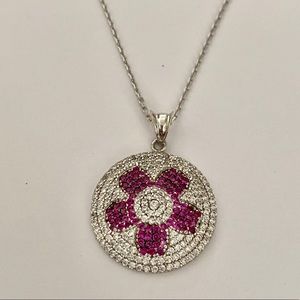 925 Silver flower round necklace pink clear cz